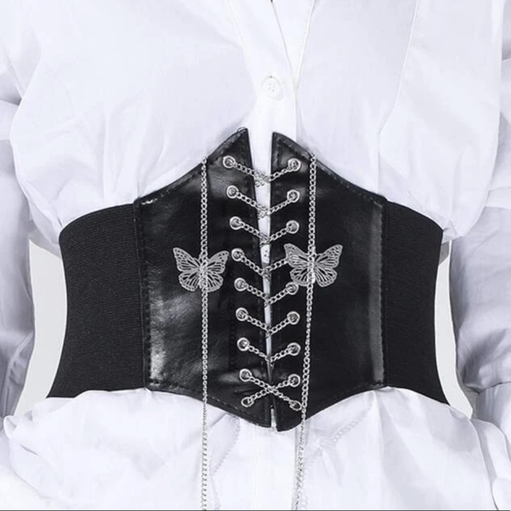 Black Leather Chain Butterfly Corset Belt